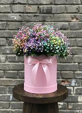 Цветочная композиция из Гипсофила и Розы в шляпной коробке в Змеиногорске