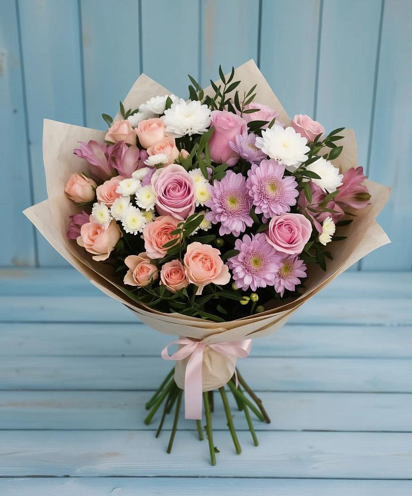 Букет цветов из: Хризантемы, Розы и Альстромерии в Змеиногорске