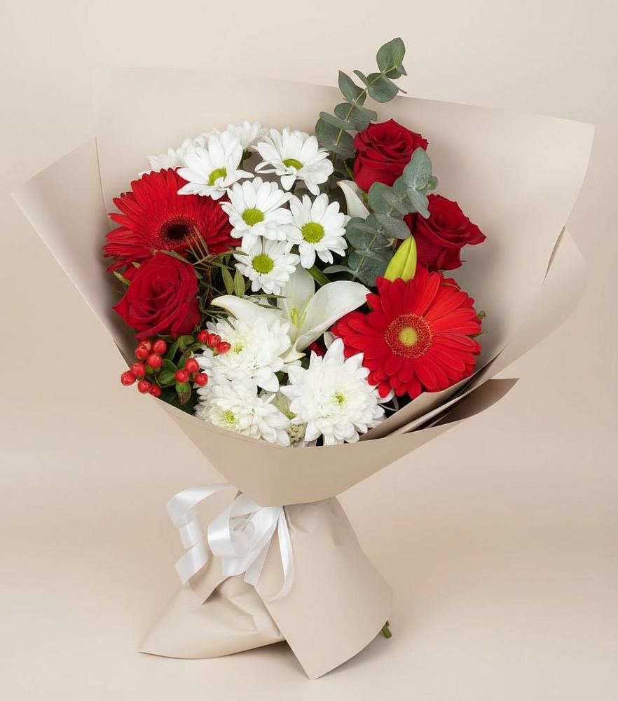 Букет цветов из: Розы, Хризантемы, Герберы и Лилии в Змеиногорске