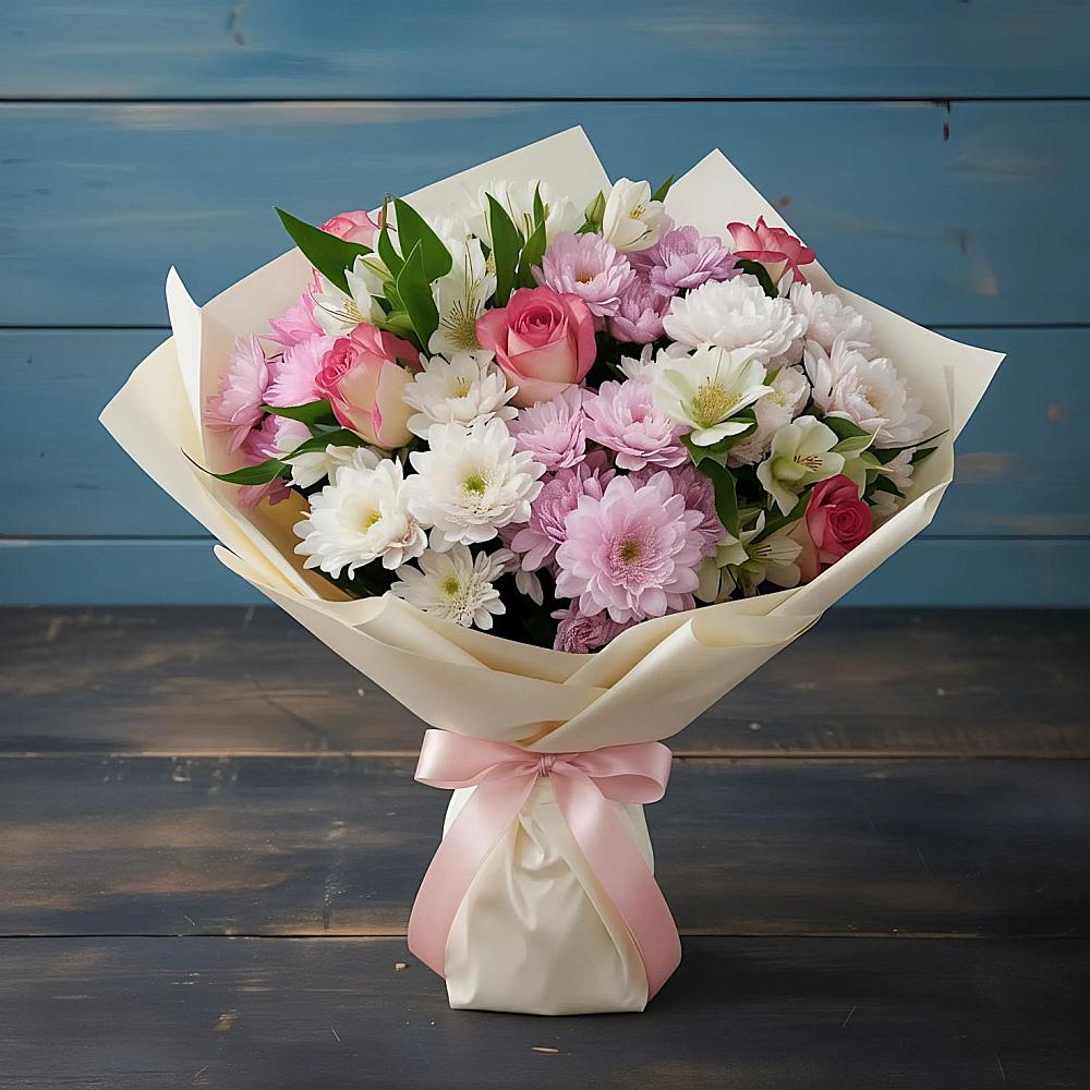 Букет цветов из: Хризантемы, Альстромерии и Розы в Змеиногорске